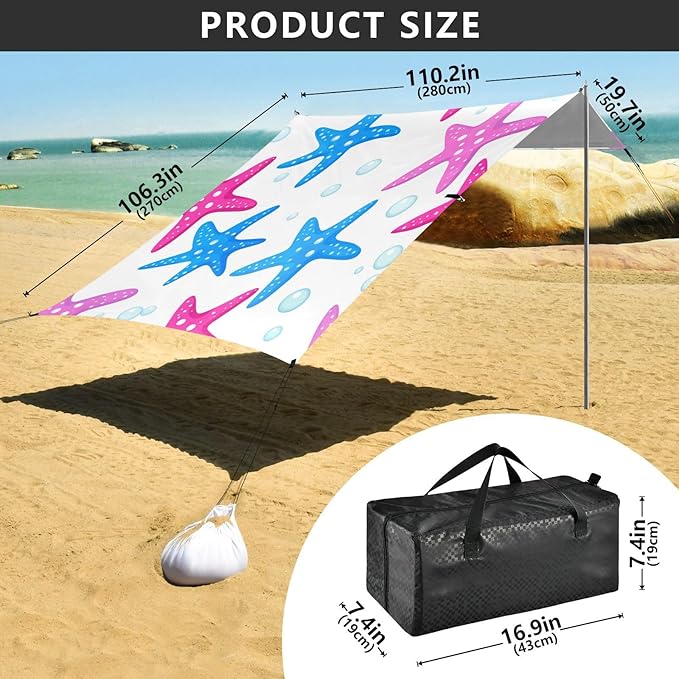 xigua Starfish Beach Tent Sun Shelter with Carrying Bag - Silver Coated Oxford Fabric Beach Canopy for Beach Camping Fishing - Includes Windproof Ropes Sandbags &amp Stakes