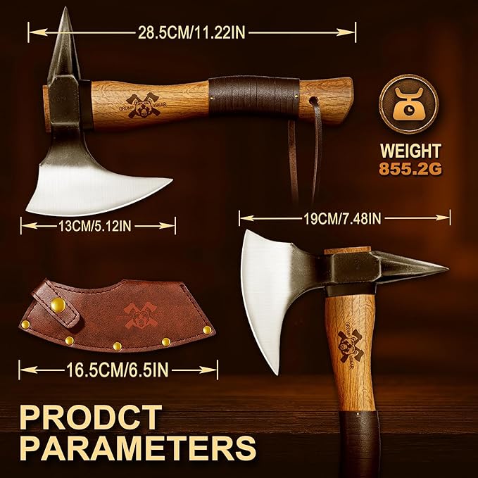 Grumpy Bear 11 Camping Hatchet Survival Axe with Sheath High Carbon Steel and Wood Handle Anti-Slip Grip – Ideal for Bushcraft Wood Splitting &amp Outdoor Adventures