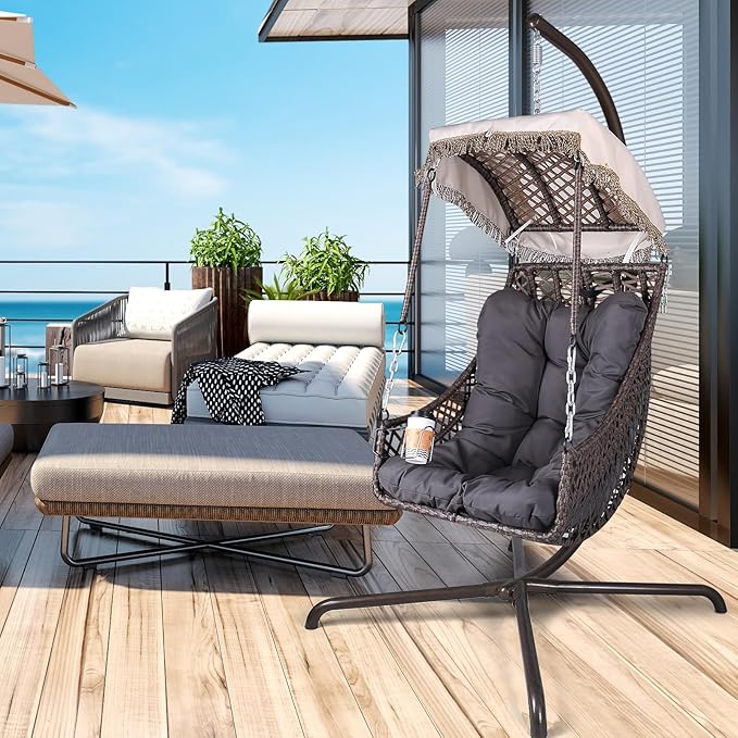 Swing Egg Chair with Stand Indoor Outdoor Wicker Rattan e 350lbs Capacity Hammock Chair for Patio Bedroom with Sunshade Cloth Courtyard Cushion and Pillow(Old W1132P169534)