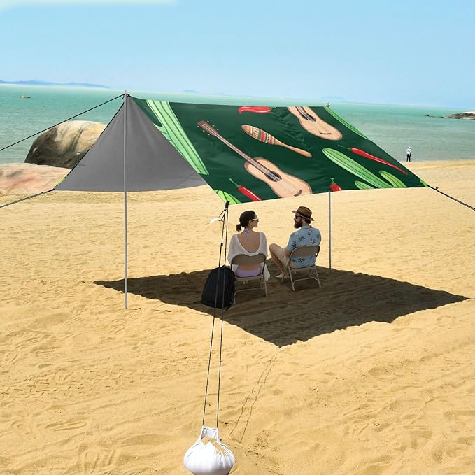 xigua Guitar Beach Tent Sun Shelter with Carrying Bag - Silver Coated Oxford Fabric Beach Canopy for Beach Camping Fishing - Includes Windproof Ropes Sandbags &amp Stakes