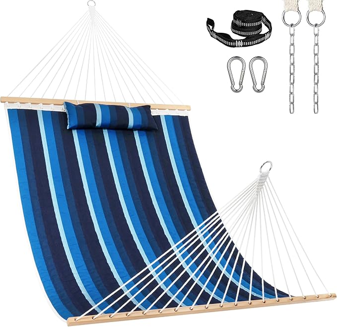 Lazy Daze Hammocks 12 FT Sunbrella Fabric Quilted Hammock Double Sunbrella Quilted Hammock with Spreader Bars &amp Pillow All Weather and Fade Resistant for Outdoor 450 lbs Capacity Gateway Indigo