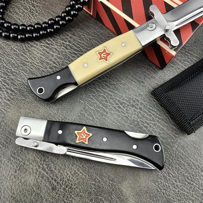 Goshawk Finka-NKVD KGB Folding Pocket Knife3.66 Mirror Polished 440C Blade and ABS HandleNylon SheathAssisted Opening Flipper Knife with Lockback EDC for Camping Hunting Survival (Ivory white)