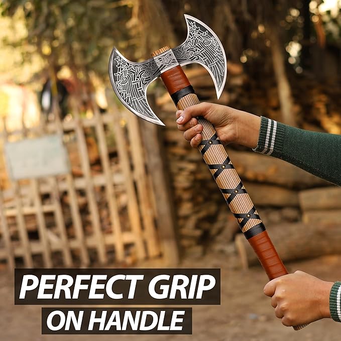 SHINY CRAFTS® Handcrafted Viking Axe – Engraved Nordic Blade with Wooden Handle Unique Gift for Men Collectors Cosplay and Medieval Decor (Brown-SCA-13)