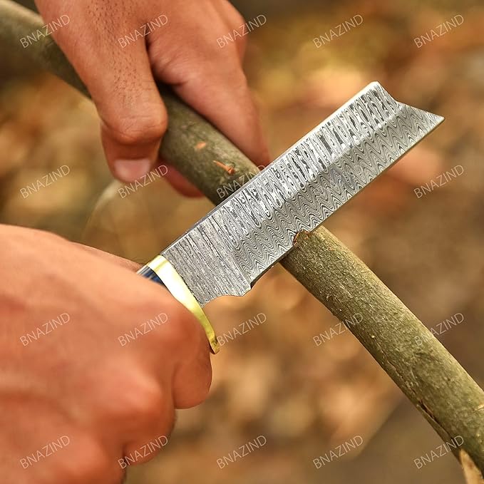 8 Handmade Damascus Bull Cutter Knife with Pancake Sheath - Western Cowboy knife for Hunting Skinning Camping and outdoor activities