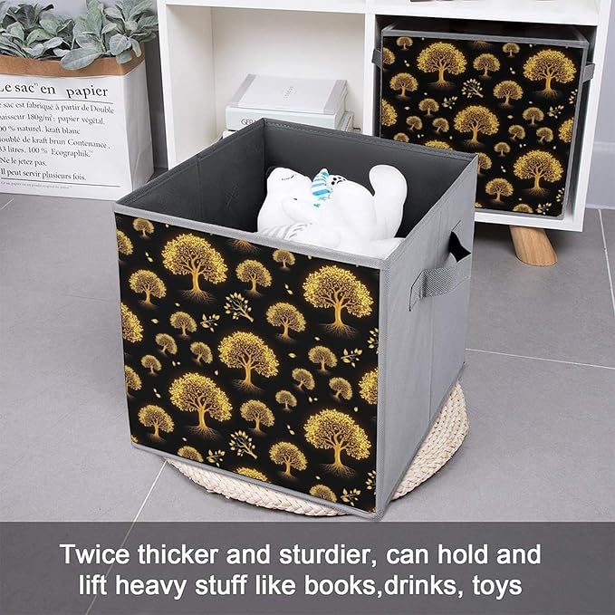 Collapsible Storage Bins with Handles Gold Black Tree Life Celtic Art Foldable Cube Organizer Box for Closet Shelf Toy Storage Space-Saving Home &amp Office Decor