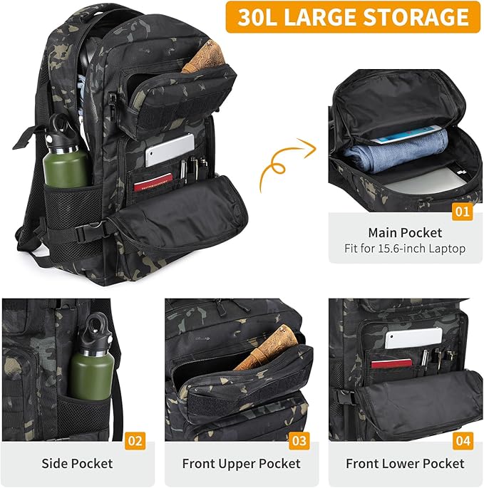 HUNTVP Tactical Backpack for Men 30L Military Backpack MOLLE Assault Pack Army Daypack Hunting Rucksack for Hiking Travel Work with Bottle HolderCamo