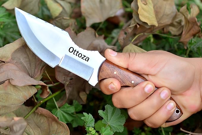 Ottoza D2 Steel Camping Tracker Knife with Wood Handle and Horizontal Carry Leather Sheath – Full Tang Outdoor Hunting Knife 116