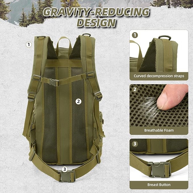 35L Military Tactical Backpack for Men Water Resistant Assault Pack for Women Army Green Molle Daypack 3 Day Bug Out Bag Rucksack for TrekkingCampingSurvivalEDC
