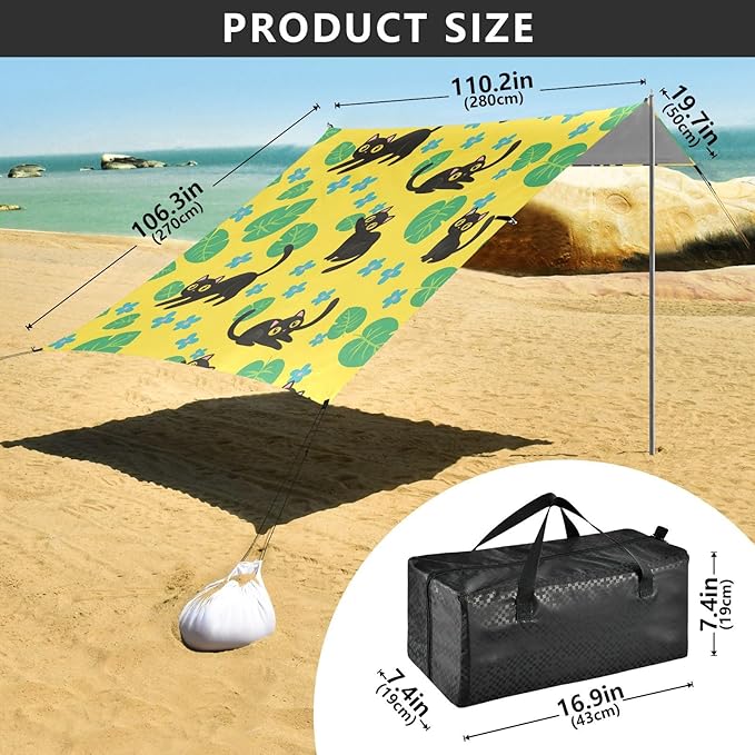 xigua Cat Beach Tent Sun Shelter with Carrying Bag - Silver Coated Oxford Fabric Beach Canopy for Beach Camping Fishing - Includes Windproof Ropes Sandbags &amp Stakes