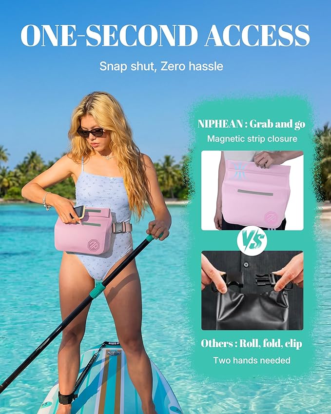 niphean IPX7 Waterproof Fanny Pack with Magnetic One-Hand Closure Durable Waterproof Dry Bag for Kayaking Paddle Boarding Beach Cruise Essentials 2.5L Phone Pouch Dry Bags for Men Women Pink