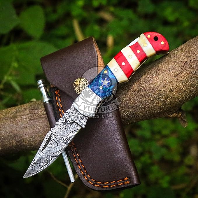 Damascus Steel Pocket Knife with Clip and Leather Sheath - EDC Knife for Outdoor and Camping Activities Handmade Folding Knife Free knife Sharpner (American Flag handle) (American Flag Handle)