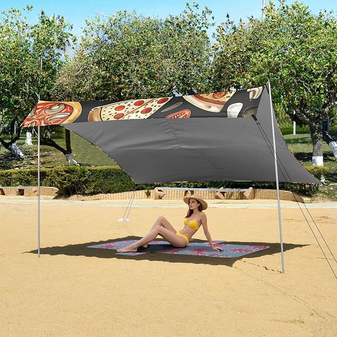 ALAZA Black Background Pizza Pattern Beach Tent Sun Shelter Portable Canopy Sunshade for Outdoor Camping Picnics Backyard Fun 10x9 ft