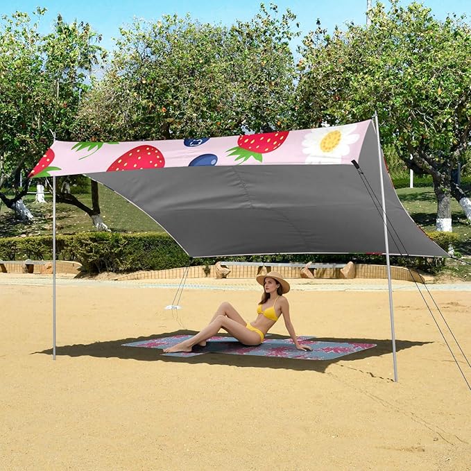 Beach Canopy with Windproof Ropes &amp Sandbags Beach Tent Sun Shade Sun Shelter for Camping Trips Fishing Backyard Fun or Picnics Strawberries