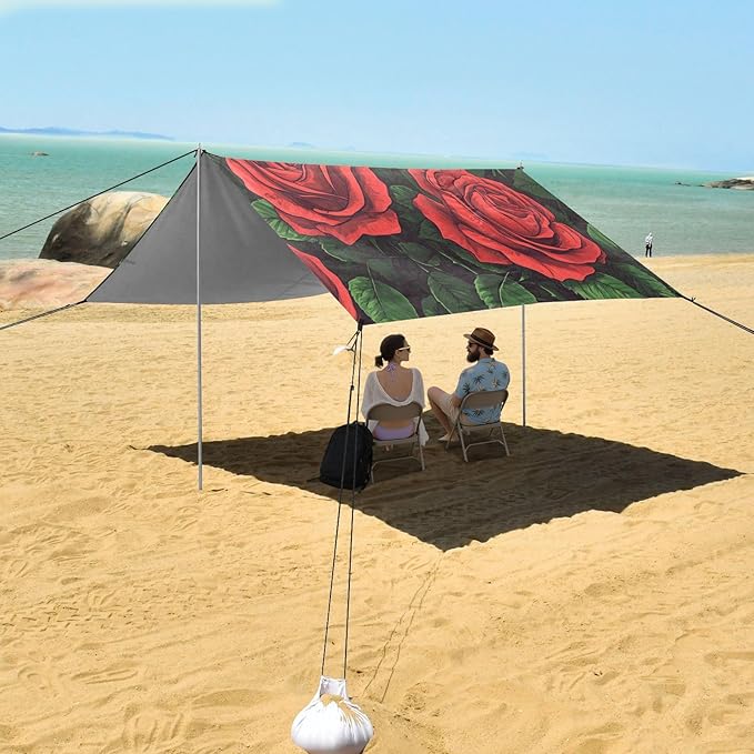 ALAZA Red Rose Flowers Beach Tent Sun Shelter UPF50+ Protection Beach Shade Canopy w/ 4 Sandbags for Outdoor Camping Fishing Backyard Fun Picnic 10x9 ft