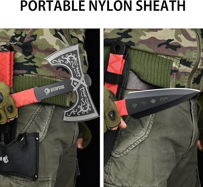 NedFoss Throwing Knife and Throwing Axe Set 11.6 Throwing Axes and Tomahawks Viking Double Bit Tear-Resistant TPR Handle Throwing Axe for Axe Throwing Game (Throwing Combo)