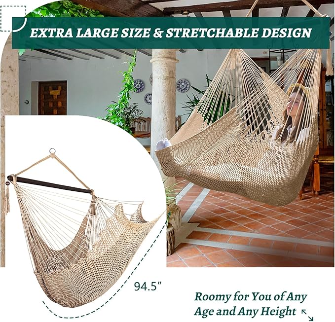 Bathonly Large Hammock Chair with Spreader Bar Caribbean Hammock Swing Chair XL Hammock Chair Outdoor Indoor 330 LBS Weight Capacity Light Brown