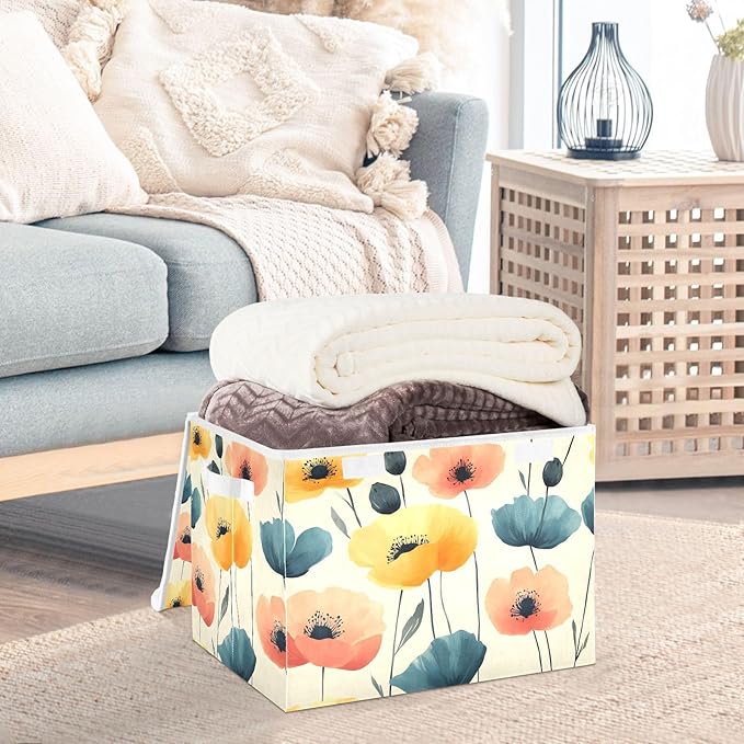 AIXIWAWA Lidded Storage Cube (Pattern Floral) Fabric Foldable Closet Bins with Flip Lid and Handles Organizer Basket Container 16.5 x 12.6 x 11.8 IN
