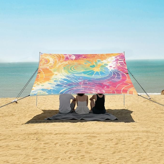 Lightgrey Tie-dye Background Vibrant Colors and Swirling Patterns Tie-dye Pattern Beach Cabana Tent UPF50+ Protection Easy Setup Shade Sun Shelter with Sand Shovel for Camping Trips Fishing