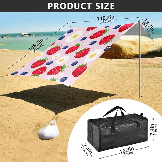 Beach Canopy with Windproof Ropes &amp Sandbags Beach Tent Sun Shade Sun Shelter for Camping Trips Fishing Backyard Fun or Picnics Strawberries