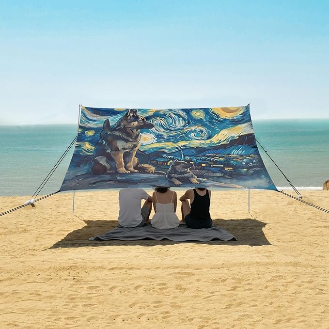 ALAZA Dog Gogh Starry Night Sky Beach Tent Sun Shelter UPF50+ Protection Beach Shade Canopy w/ 4 Sandbags for Outdoor Camping Fishing Backyard Fun Picnic 10x9 ft