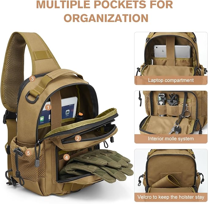G4Free Tactical Sling Bag for Men Women EDC Concealed Carry Bag with Molle Crossbody Shoulder Pack (Khaki)