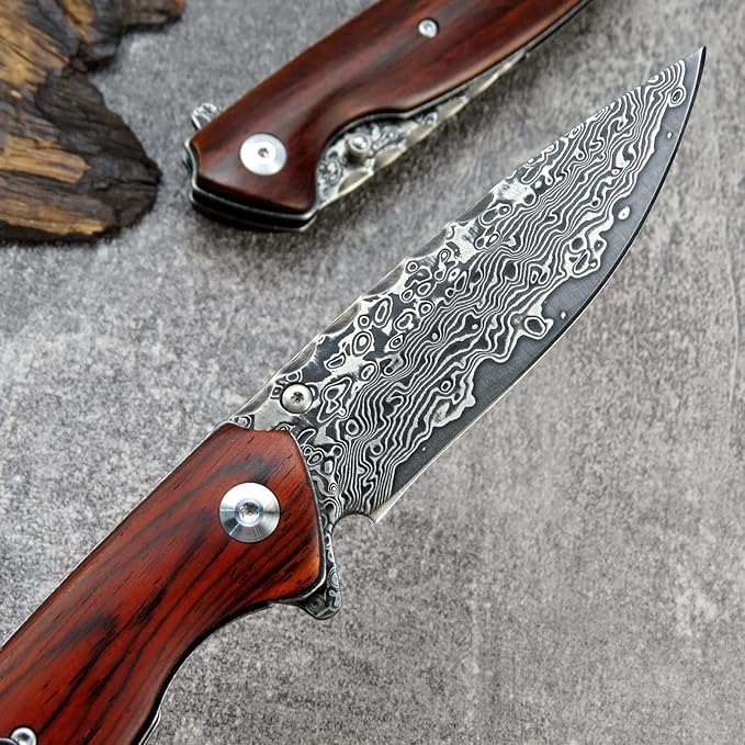 Sitivien ST240 EDC Damascus Steel Folding Knife with Dalbergia HandleVG10 Core Blade Liner Lock and Belt ClipFishing Hiking Survival Knife