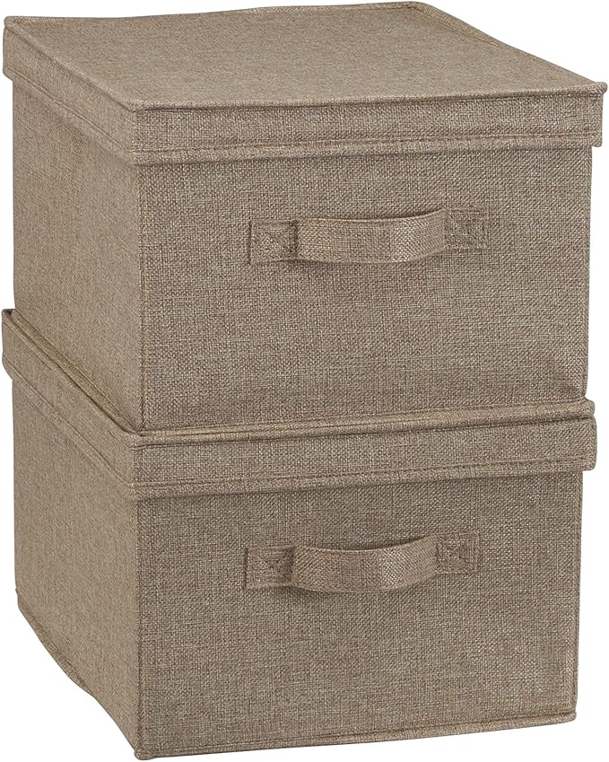Household Essentials Large Fabric Storage Bins 2 Pack Soft Poly Linen with Sturdy Sides Attached Handle and Fully Removable Lid Brown