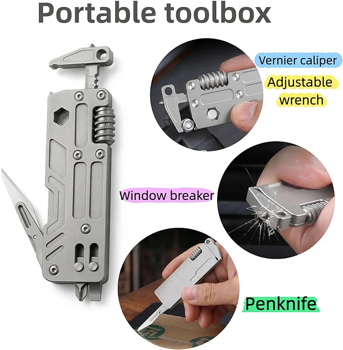 Titanium Pocket Wrench Multitool 0.1 lbs Lightweight EDC Keychain Tool with 15mm Adjustable Jaw 9-in-1 Functions — Auto Window Breaker and Screwdriver for Daily Carry