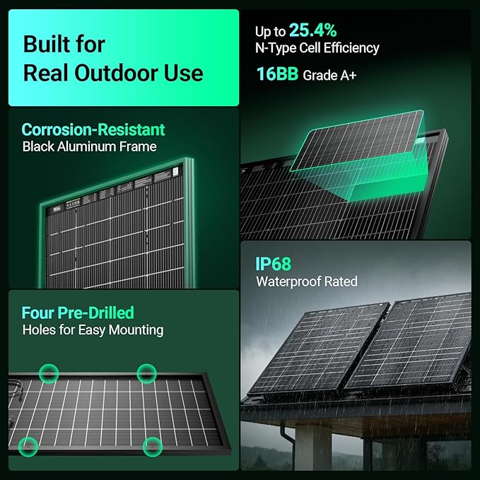 HQST N-Type 16BB 200 Watt Bifacial Solar Panel Compact &amp Lightweight Solar Panels with 30 Years Lifespan up to 25.4% Efficiency IP65 for RV Van Trailer Marine Rooftop Farm Off Grid