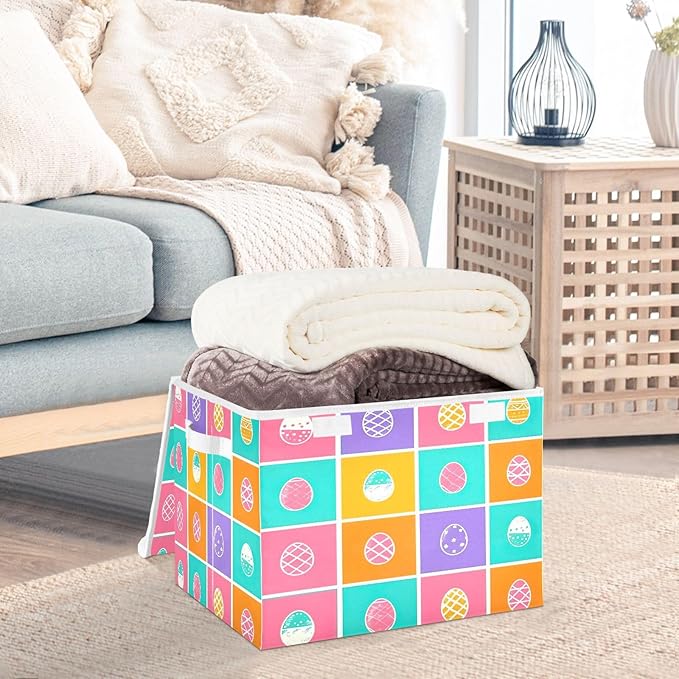Christmas Storage Baskets with Lids Colorful Eggs Collapsible Bins Stackable Fabric Linen Baskets Closet Organizer Container 16.5x12.6x11.8