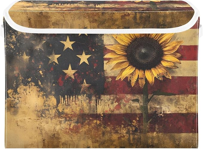 Storage Cube with Lid Sunflower American Print 16.5×12.6×11.8 IN Collapsible Large Capacity Foldable Storage Basket Bin Organizer