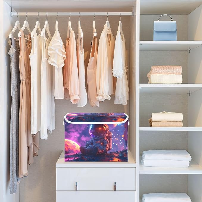 AIXIWAWA Lidded Storage Cube (Cute Astronaut) Fabric Foldable Closet Bins with Flip Lid and Handles Organizer Basket Container 16.5 x 12.6 x 11.8 IN