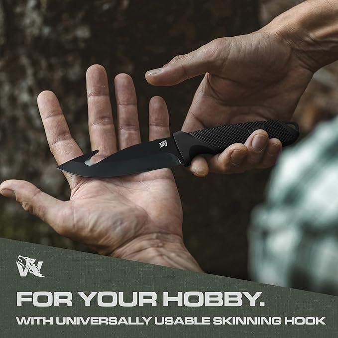 ODENWOLF HUNTER 2 - Tactical Hunting Knife with Gut Hook - Deer SkinningKnife for Hunting - Knife Fixed Blade with Sheath - Field Dressing Knive with Gutting Hook - Survival Knife with Sheath