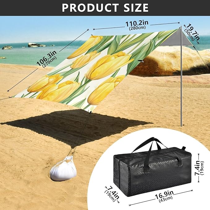 ALAZA Yellow Tulip Flowers Beach Tent Sun Shelter Portable Canopy Sunshade for Outdoor Camping Picnics Backyard Fun 10x9 ft
