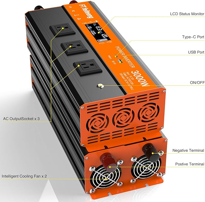 3000W Power Inverter 12v DC to 120v Ac Inverter Power Inverters for Vehicles with LCD Display 3AC Sockets and USB-C &amp QC 3.0 Port with Remote Control for Camping Home Truck Rv Solar System