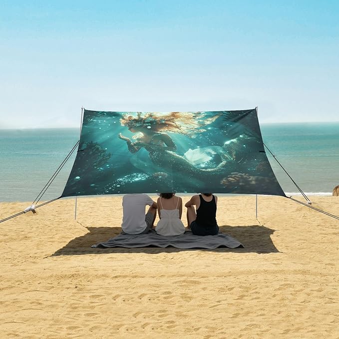 ALAZA Mermaid Underwater Beach Tent Sun Shelter UPF50+ Protection Beach Shade Canopy w/ 4 Sandbags for Outdoor Camping Fishing Backyard Fun Picnic 10x9 ft