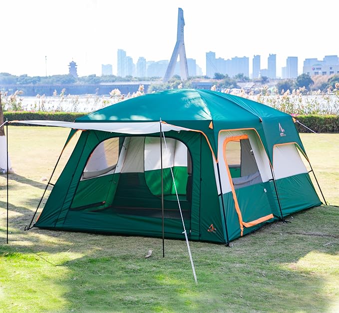 KTT Extra Large Tent 10-12-14 Person(B)Family Cabin Tents2 Rooms3 Doors and 3 Windows with MeshStraight WallWaterproofDouble LayerBig Tent for OutdoorPicnicCampingFamily Gathering