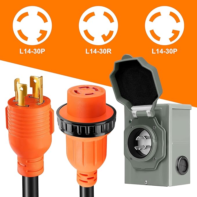 10 FT 4 Prong 30 Amp Generator Cord and Power Inlet Box NEMA L14-30P to L14-30R Generator Cord Waterproof Combo Kit 125/250V 7500W 10 AWG SJTW Generator to House Hookup Kit UL&ampETL Listed