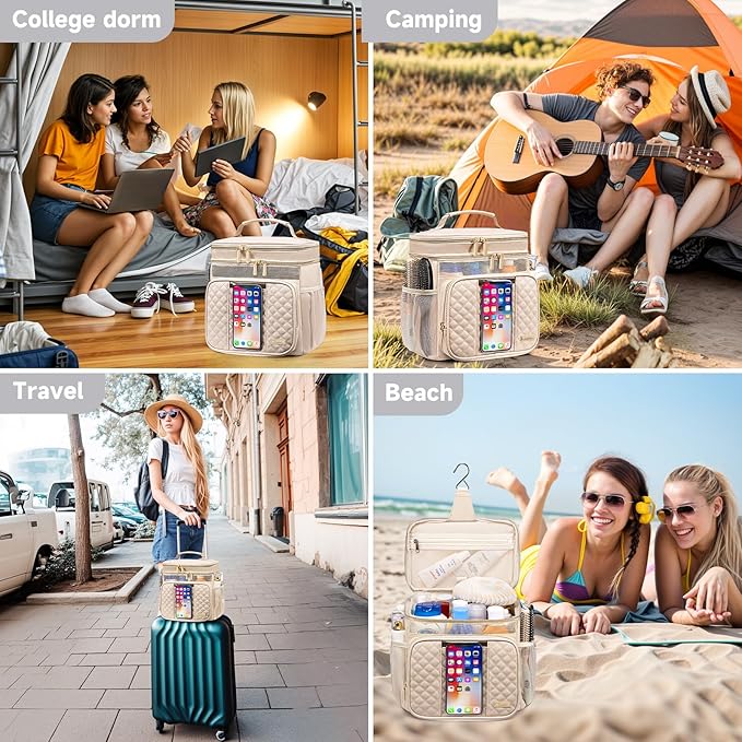Large Leather Toiletry Bag for Women MenBathroom BagWater Resistant Shower BagMakeup BagPortable Shower Caddy for College DormHanging Travel Toiletry Bag with Transparent Waterproof Phone Pocket