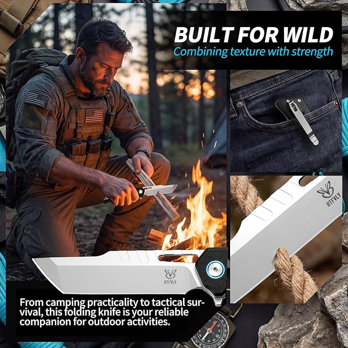 BTFLY G10 Handle Tactical Folding Knife D2 Steel Tanto Blade 3.7in EDC Pocket Knife with Liner Lock &amp Stainless Steel Clip Lightweight Bushcraft Camping Survival Knife for Men Adult