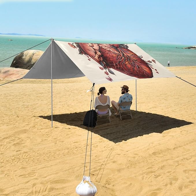 ALAZA Heart Flower Gothic Beach Tent Sun Shelter UPF50+ Protection Beach Shade Canopy w/ 4 Sandbags for Outdoor Camping Fishing Backyard Fun Picnic 10x9 ft