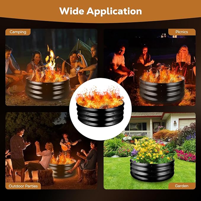 Raynesys 36 Inch Round Galvanized Fire Pit Ring Round Galvanized Fire Ring 3 Feet Diameter Round fire Pit Outdoor fire Pit for Backyard Camping Bonfire Black