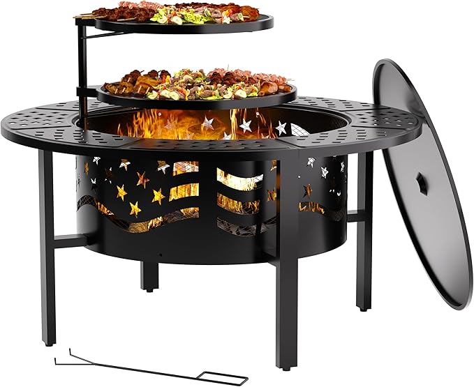 PrimeZone 42 Outdoor Fire Pit with 2 Grills - Wood Burning Firepit for Outside with Cover &amp Poker Heavy Duty Metal Fire Pit Large Round Fireplace for Patio Backyard Picnic Camping Bonfire
