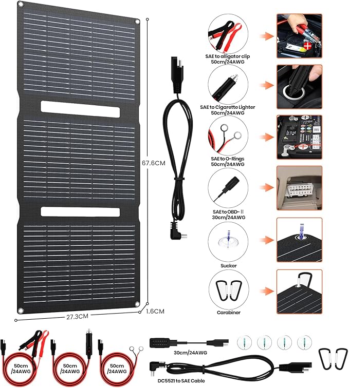 FlexSolar 15W Foldable Solar Panel Trickle Charger Maintainer Kits - 12V DC &amp USB Output with Built-in Controller Includes Cigarette Lighter Alligator Clips O-RingsOBDII Connector for Car Truc