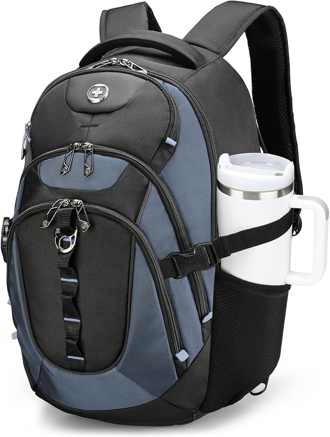 Swissdigital Design Laptop Backpack with USB Charging Port Travel Backpack Fits 15.6 inches Computer 31L College School Backpack for Men Haze Blue/Black | SD803-16