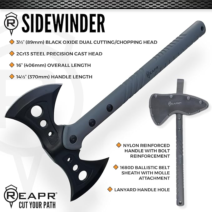Reapr Sidewinder Tactical Double Axe16 Dual-Headed Survival Hatchet with 2Cr13 Stainless Steel Cast Head Black Oxide Finish Ballistic Sheath Camping Hunting Outdoor (Sidewinder)