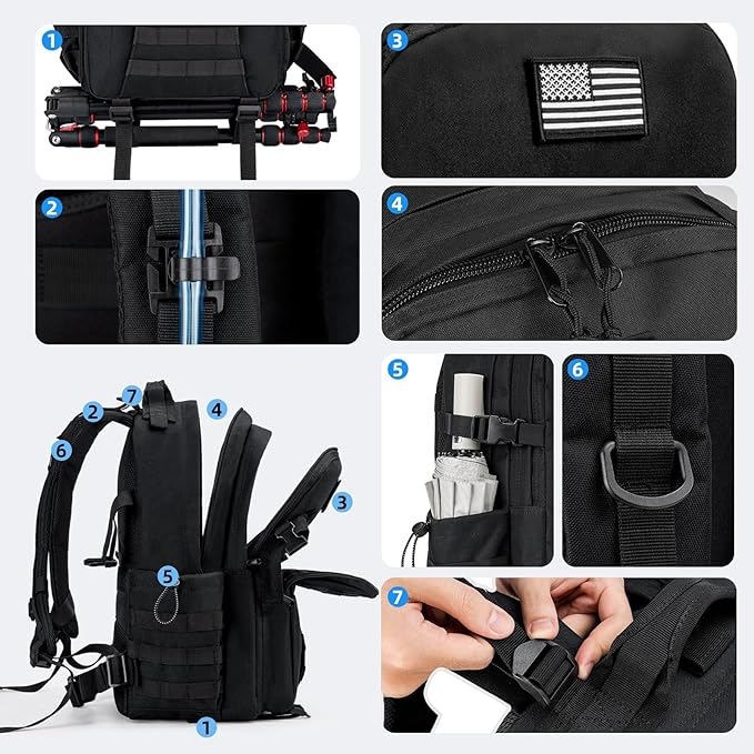Tactical Backpack for Men Military Army Rucksack 40L Large Molle Army Assault Pack with Bottle Holder Day Pack Bug out Bag Survival Backpack for Hiking Hunting Travel Camping Black