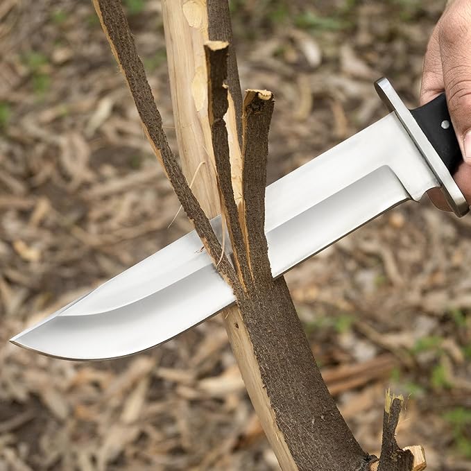 D2 13 Inch Full Tang Fixed Blade Bowie Knife with Leather Sheath - Suitable for Outdoor Bushcraft Survival and Camping Knife with Black Micarta Handle