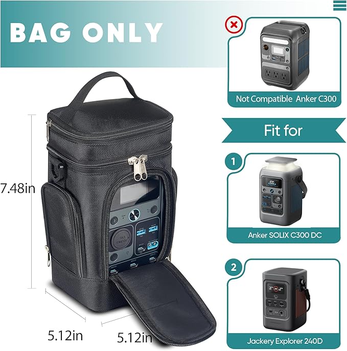 Travel Bag Padded Compatible with Anker Solix C300 DC/Jackery Explorer 240D Carrying Bag with Adjustable Shoulder Strap Side Zipper Portable Storage Case Cover for Solix C300 DC