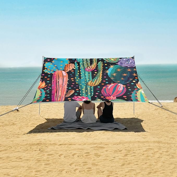 ALAZA Cactus Polka Dots Rainbow Cacti Beach Tent Sun Shelter UPF50+ Protection Beach Shade Canopy w/ 4 Sandbags for Outdoor Camping Fishing Backyard Fun Picnic 10x9 ft